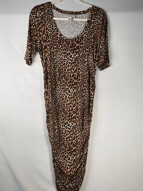 Motherhood Maternity Brown & Black Leopard Print Short Sleeve Ruche Dress Size M
